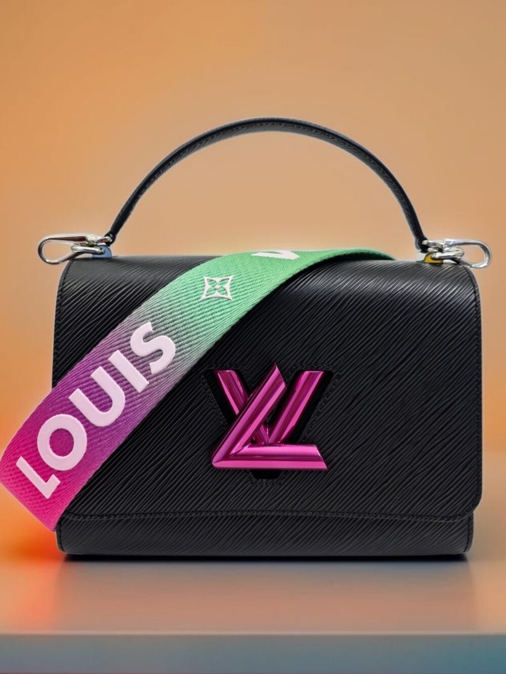 Louis Vuitton Twist MM Epi Limited Edition Black Shoulder Bag Pink Green Strap
